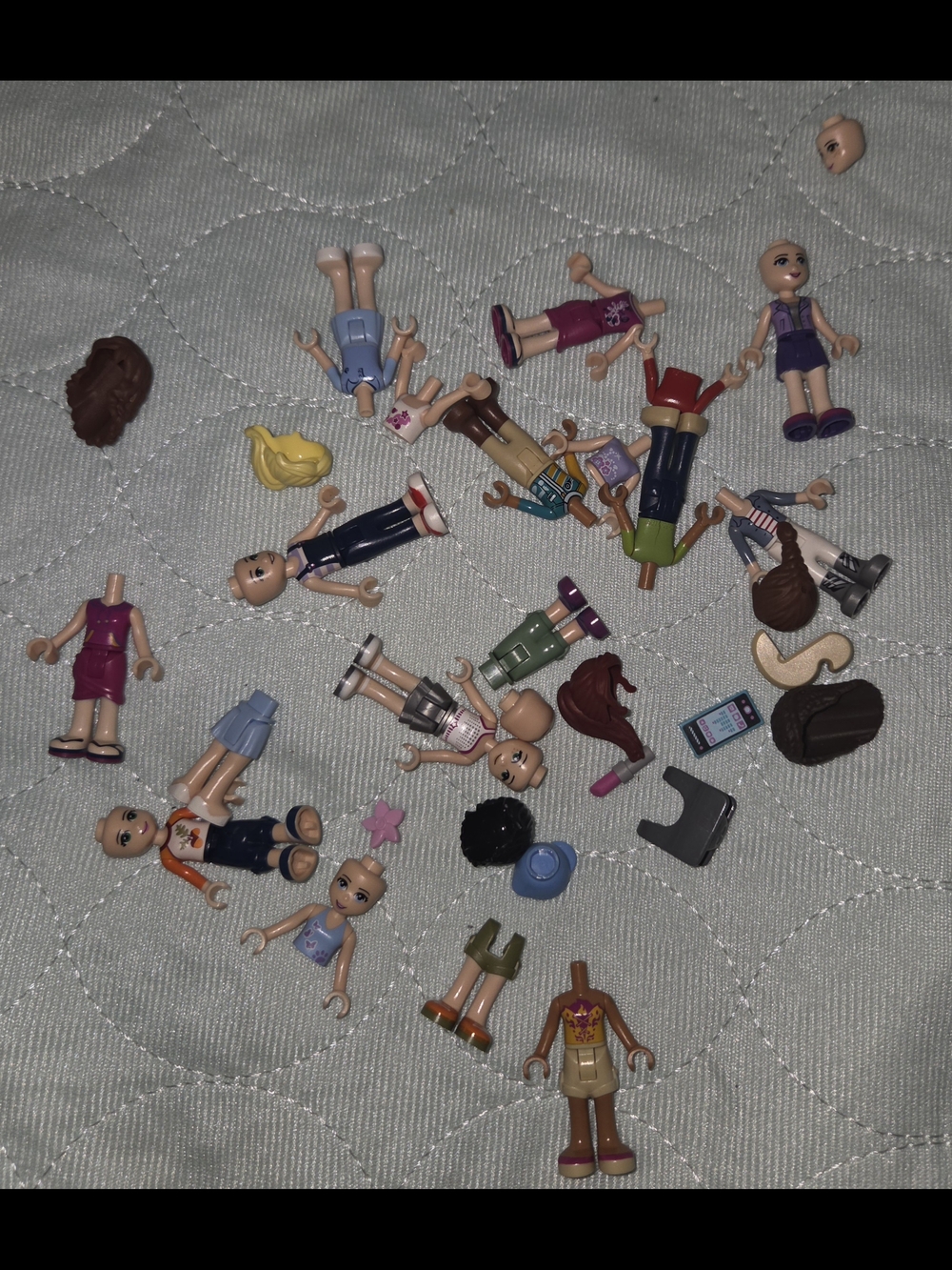 Random Lego Friends Mini Doll Parts Lot in Purple, Pink, Blue, Green, Brown